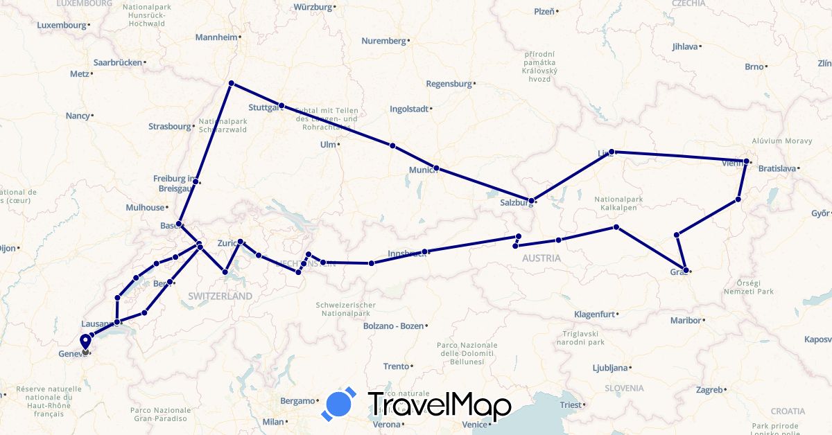 TravelMap itinerary: driving, motorbike in Austria, Switzerland, Germany, Liechtenstein (Europe)