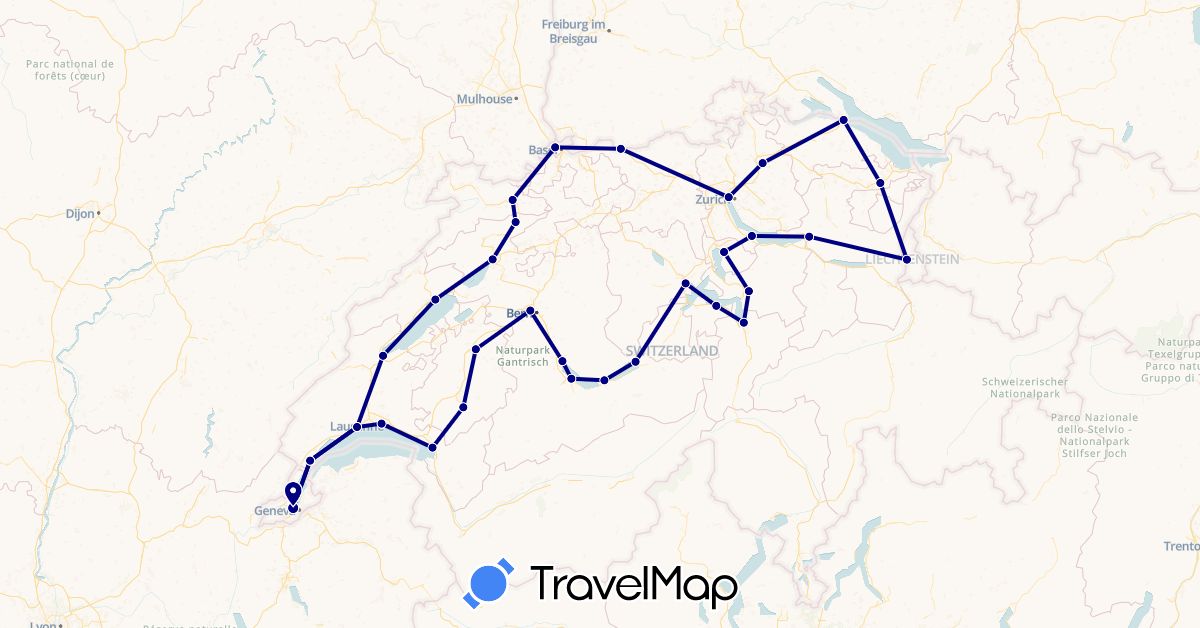 TravelMap itinerary: driving in Switzerland, Germany, Liechtenstein (Europe)