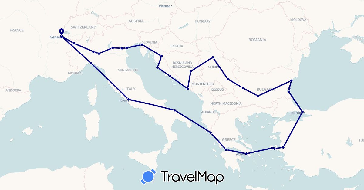 TravelMap itinerary: driving in Bosnia and Herzegovina, Bulgaria, Switzerland, Greece, Croatia, Italy, Serbia, Turkey (Asia, Europe)
