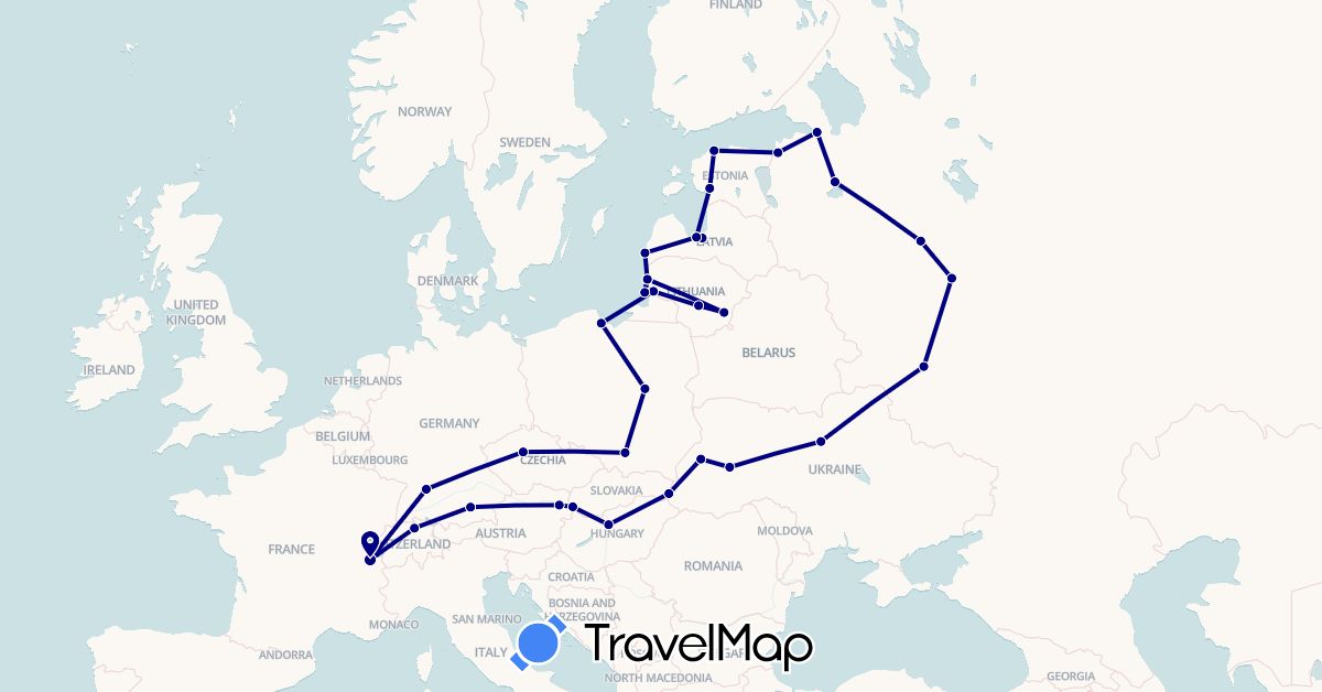 TravelMap itinerary: driving in Austria, Switzerland, Czech Republic, Germany, Estonia, Hungary, Lithuania, Latvia, Poland, Russia, Slovakia, Ukraine (Europe)